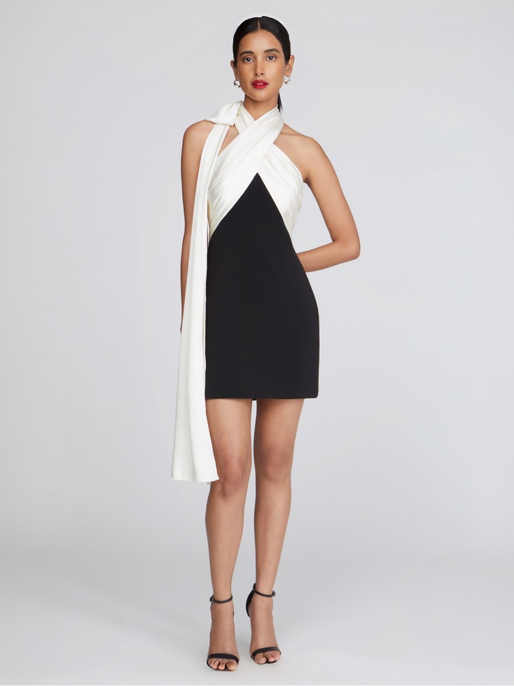 Halston Renae Draped Two-Tone Bow Halter Mini Dress Black Sz 10 MSRP $495 NEW